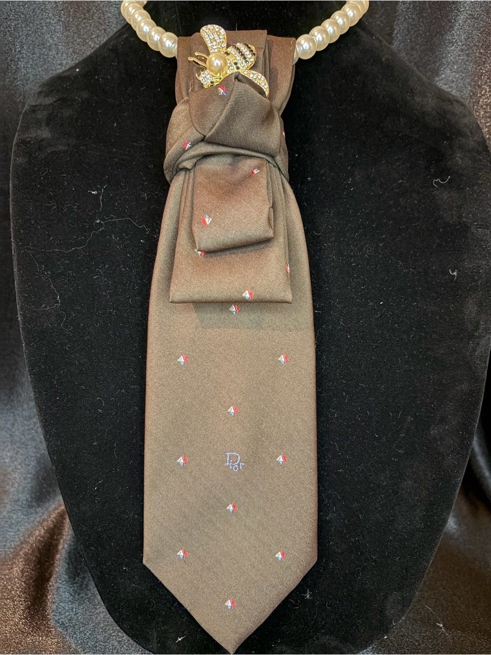 Dior Brown Silk Tie with Tiny Red & White Motifs